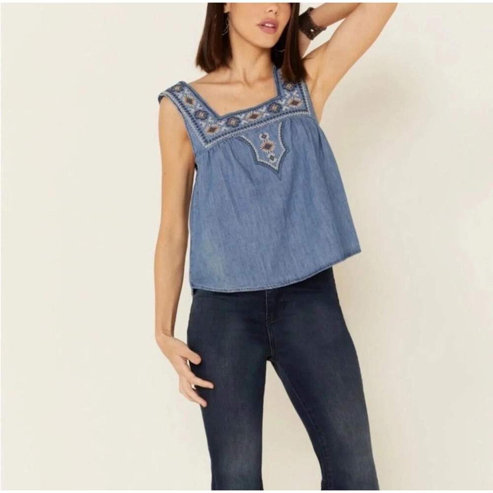 Wrangler Retro Women's Americana Chambray Embroidered Neck Tank Top XXL Boho